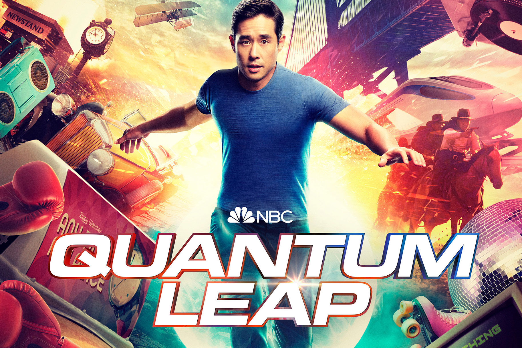 Quantum Leap poster featuring the character Ben Song running through a whirl of items from across time, including boxing gloves, a biplane, and a disco ball