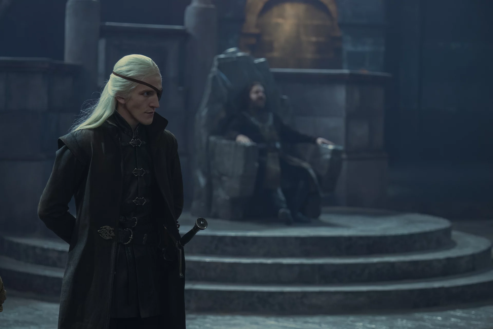 Aemon with his eyepatch to the left. King Baratheon behind him.