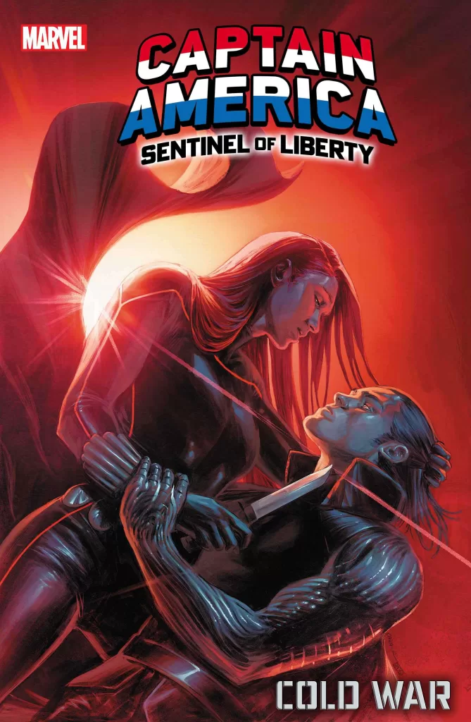 Black Widow holds a knife to Bucky's throatCAPTAIN AMERICA: SENTINEL OF LIBERTY #12 – Cold War Part 3 Written by COLLIN KELLY & JACKSON LANZING Art by ALINA EROFEEVA Cover by CARMEN CARNERO