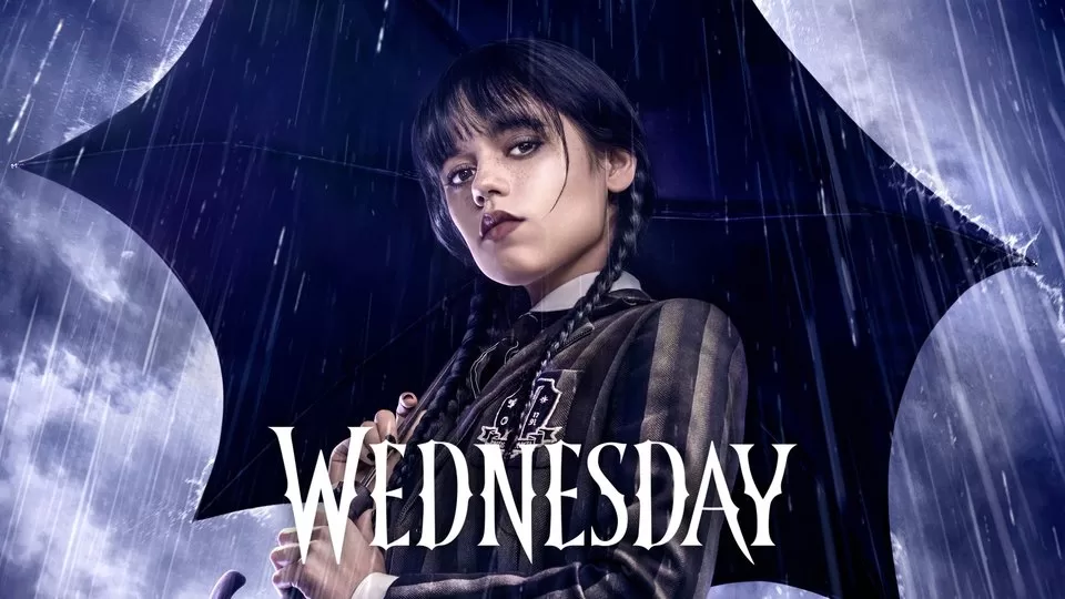 The promotional image for Wednesday on Netflix, Jenna Ortega in goth attire with a black umbrella
