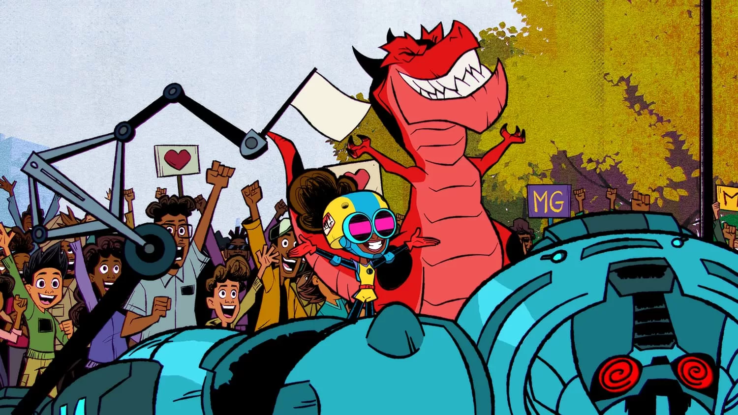 Moon Girl and Devil Dinosaur celebrate victory against a robot amongst a crowd of cheering fans. All in animation.