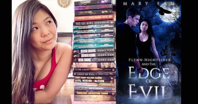 Author Mary Fan with the cover of her YA book, Flynn Nightsider and the Edge of Evil