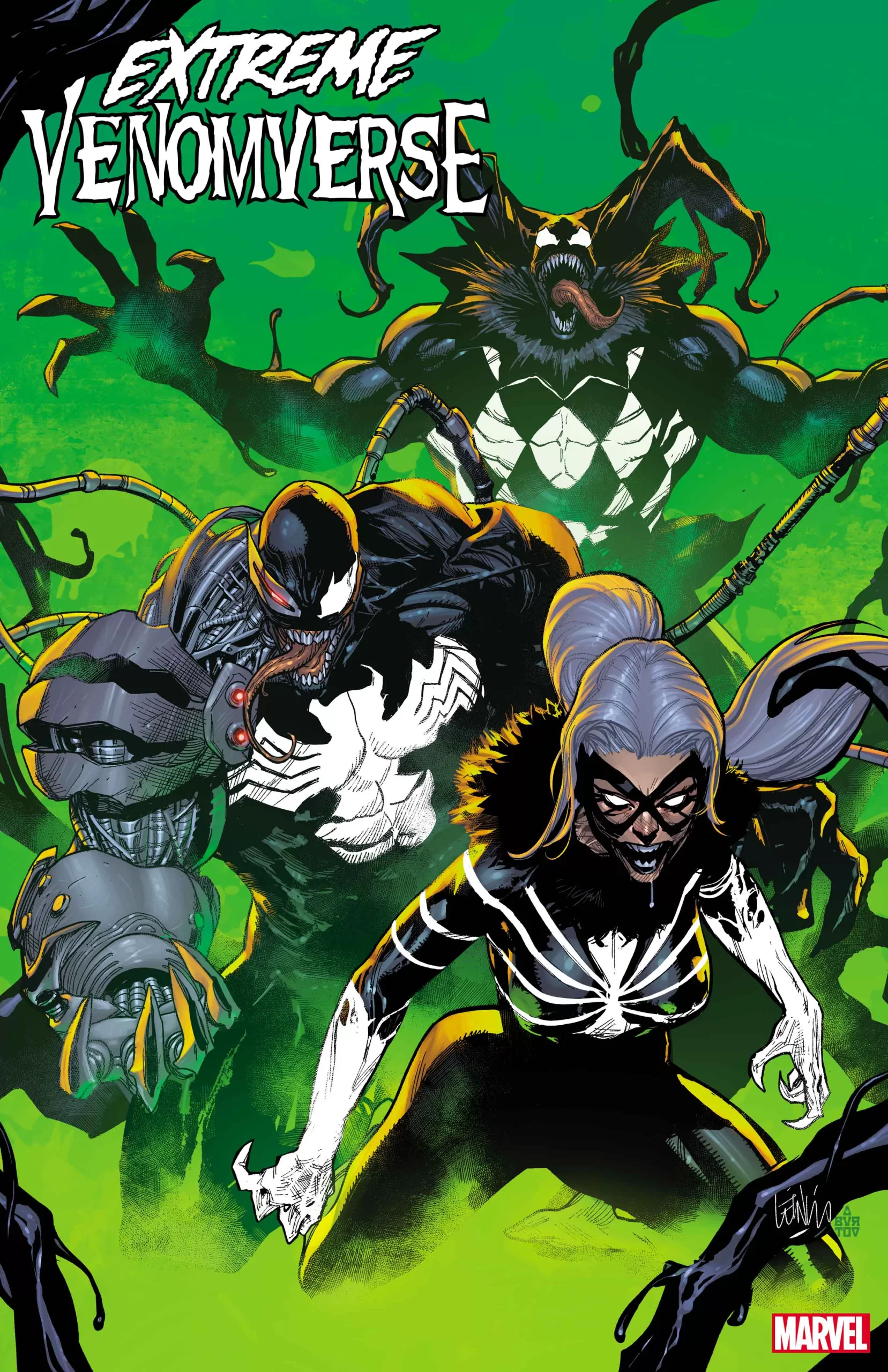 Extreme Venomverse #2 cover art with venom and black cat in symbiotes