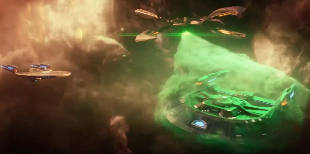 A spaceship caught in a green force field in a nebula