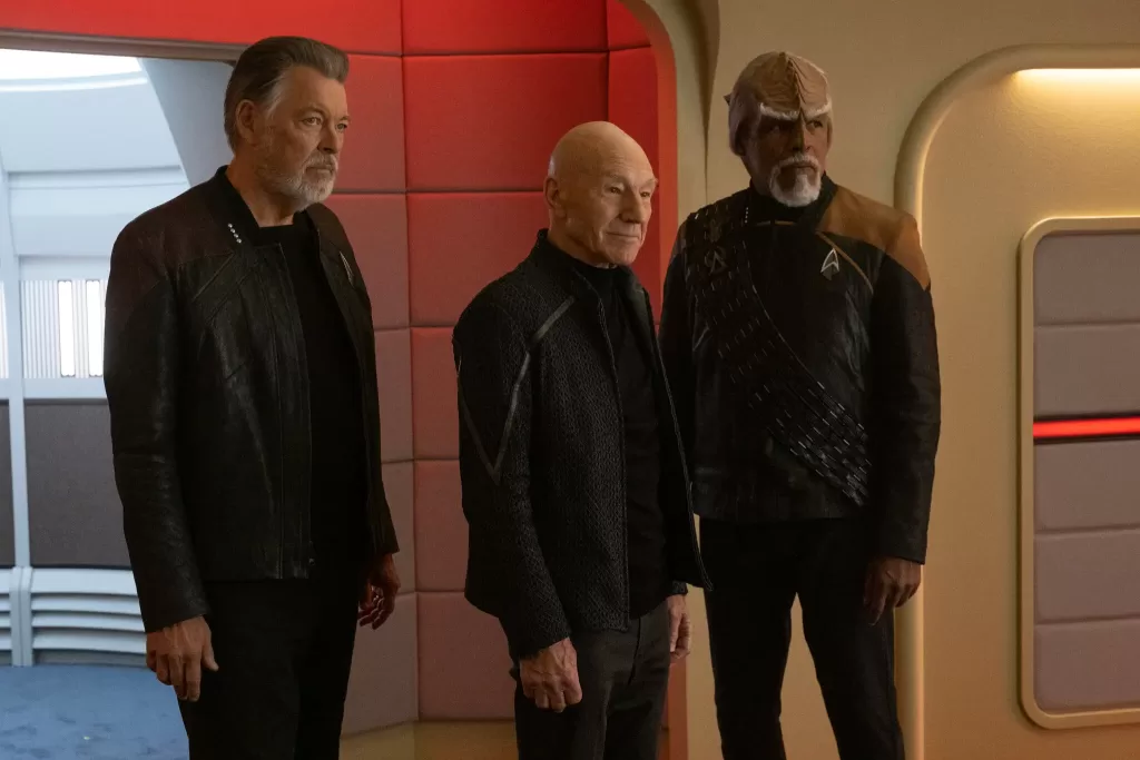 Picard, Worf, and Riker on the Enterprise-D