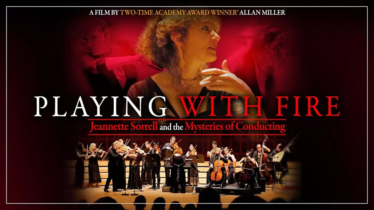 promotional photo for playing with fire featuring a portrait of Jeanette Sorrell conducting and an image of the orchestra